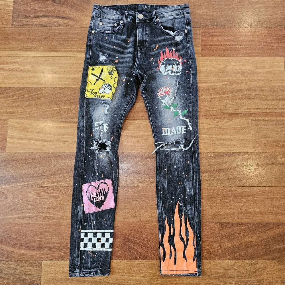 THRT Denim Black Jeans Distressed Painted Ripped Faded Skinny Mens Sz 32(30x31)